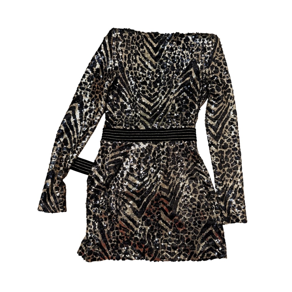 Zhivago Eye of the Tiger Sequin Mini Dress Long Sleeve Leopard Gold Black US 6 M
